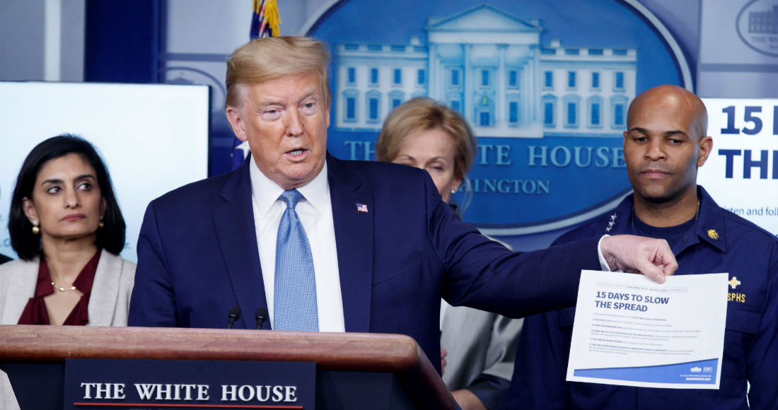 El Presidente de Estados Unidos, Donald Trump, dijo esta tarde en conferencia de prensa que espera no tener que declarar un toque de queda nacional para contener el coronavirus, pero alertó que su país se está encaminando hacia una recesión. Foto: EFE/EPA/SHAWN THEW