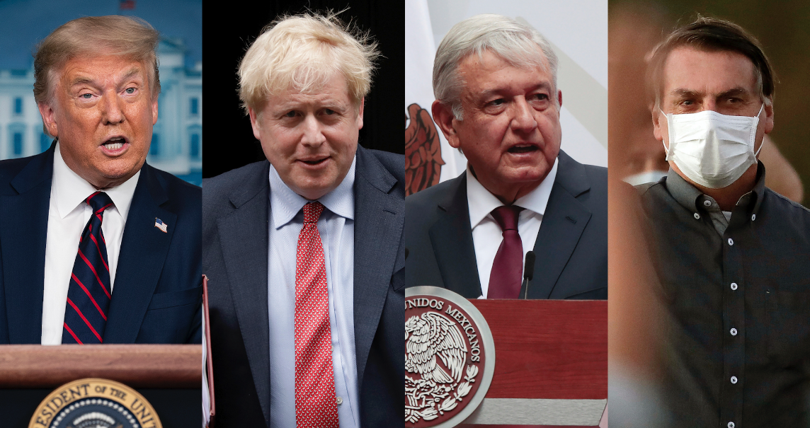 Esta imagen combinada muestra de izquierda a derecha al Presidente de Estados Unidos, Donald J. Trump; el Primer Ministro británico, Boris Johnson; el Presidente de México, Andrés Manuel López Obrador, y el Presidente de Brasil, Jair Bolsonaro.