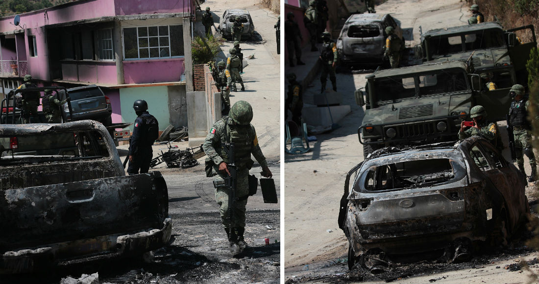 Combo de fotografías fechadas el 30 de mayo de 2020, que muestra a miembros del Ejército mexicano mientras buscan información donde se registro un enfrentamiento entre grupos armados, en el poblado de Tepozonalco, el pasado 29 de mayo de 2020.