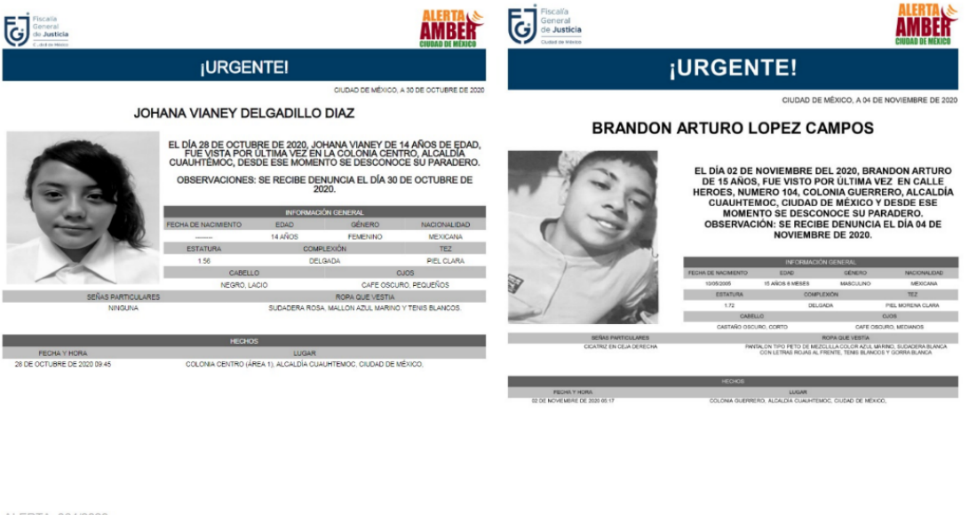 Los menores desaparecidos son Johana Vianey Delgadillo Díaz, de 14 años de edad, y a Brandon Arturo López Campos, de 15.