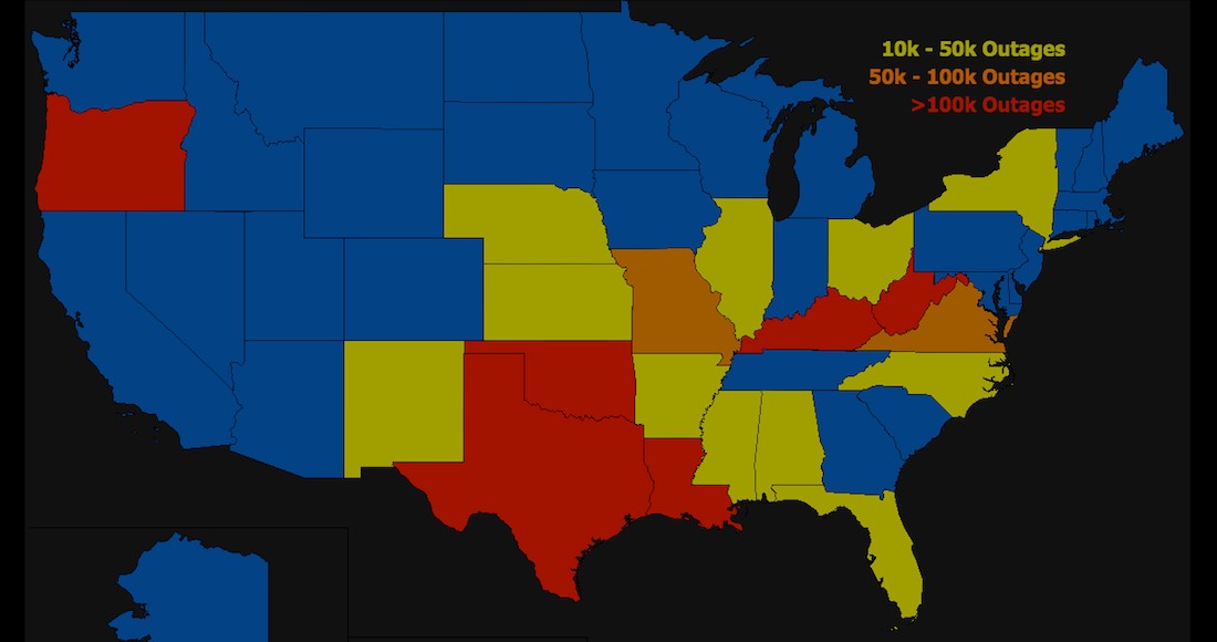 Mapa de poweroutage.us, un proyecto en curso creado para rastrear, registrar y agregar cortes de energía en los Estados Unidos.