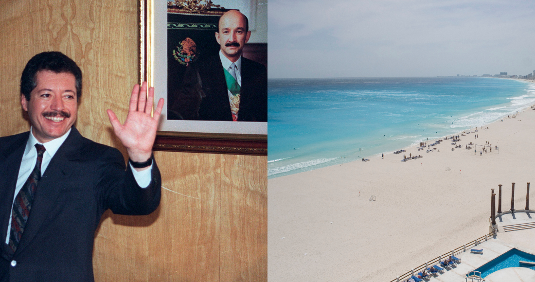 En esta fotografía de archivo del 28 de noviembre de 1993, Luis Donaldo Colosio flanqueado por un retrato de Carlos Salinas de Gortari, y una foto de archivo del 2 de marzo de 2010 que muestra una vista aérea de la playa Gaviota Azul en Cancún, México.