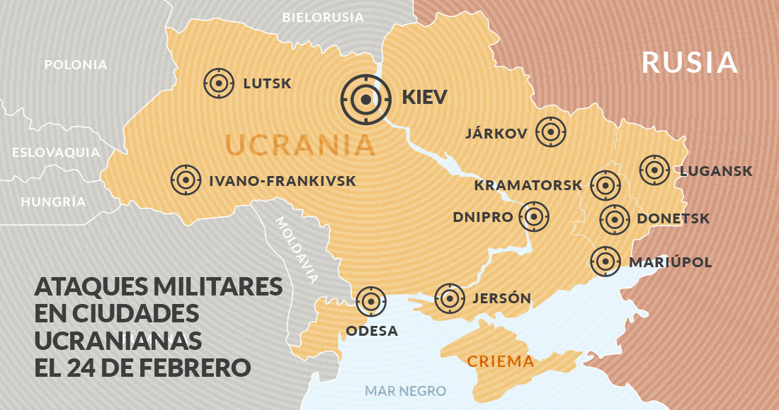 Rusia Lanzó El Jueves Un Amplio Ataque Contra Ucrania y Empleó Ataques Aéreos Y Artillería Contra Ciudades Y Bases Mientras Los Civiles Huían En Trenes Y Autos