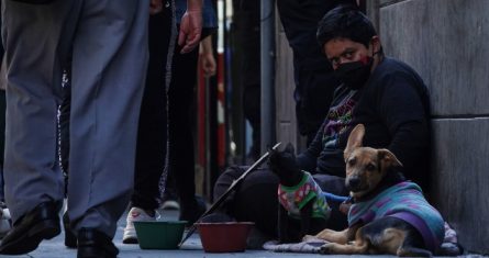 Un hombre solicita ayuda económica para él y sus mascotas en calles del Centro Histórico en la víspera de Nochebuena.