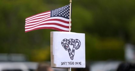 Una persona sostiene un letrero que dice: "No me pisotees" con una serpiente en forma de útero y una bandera de Estados Unidos, el martes 3 de mayo de 2022, durante un evento en un parque de Seattle para apoyar el derecho al aborto.