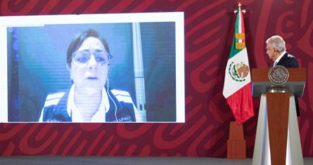 Laura Velázquez Alzúa, titular de la Coordinación Nacional de Protección Civil (CNPC), durante un enlace en la conferencia de prensa matutina del Presidente Andrés Manuel López Obrador.